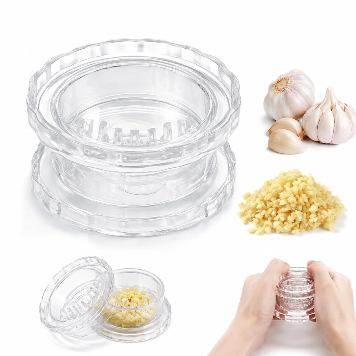 Transparent polycarbonate garlic mincer with twisting lid, split two-piece design showing internal cutting teeth