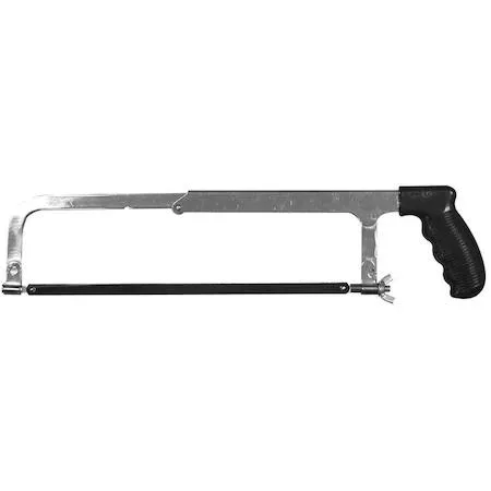Metal hacksaw frame with contoured handle, holds 10 and 12 inch blades