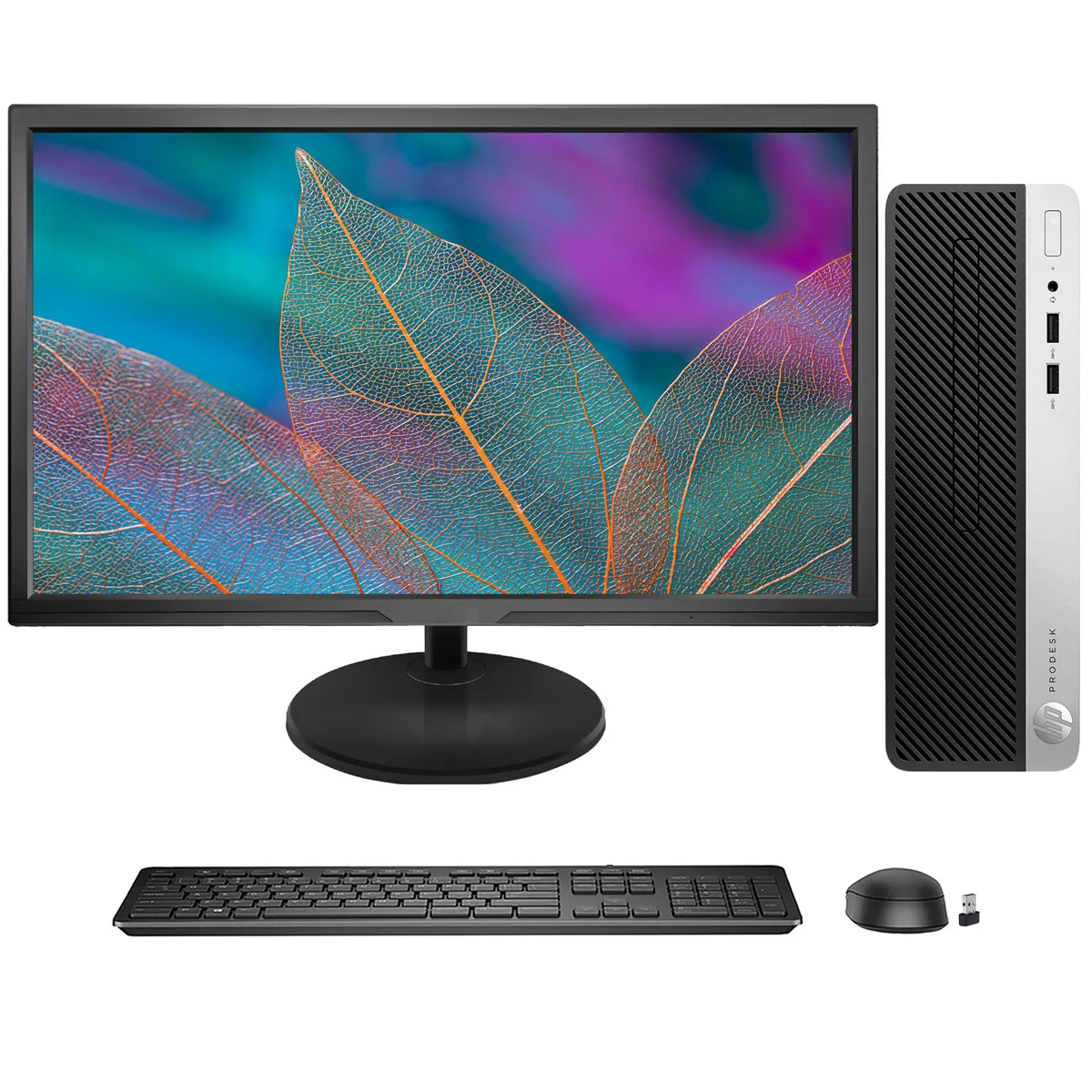 HP HP ProDesk 400 G5 SFF desktop PC, Core i3-8100, 8GB DDR4, 256GB SSD, 22" monitor — product photo