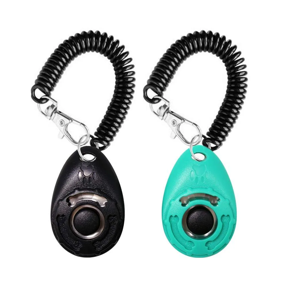 Two clickers, black and water lake blue, with wrist straps