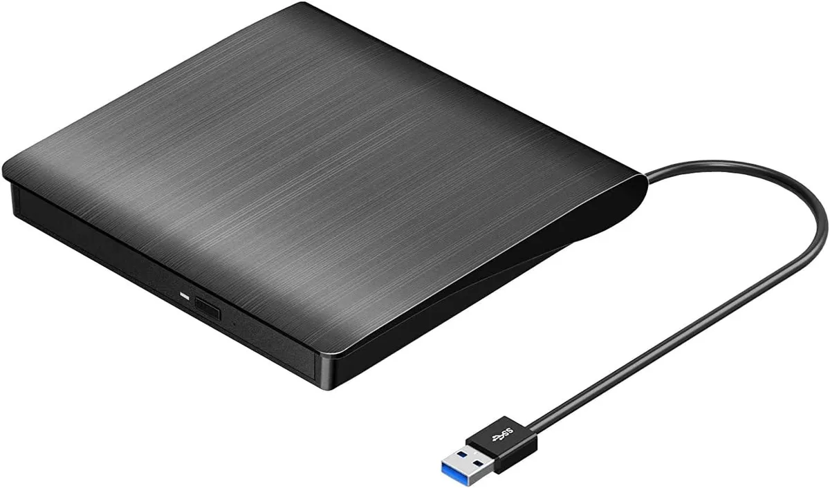 Rectangular silver external Blu-ray drive with front slot and USB 3.0 cable