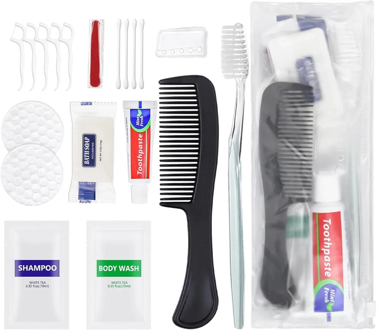 Bulk pack of fifty blue zipper bags containing toothbrushes toothpaste floss comb soap shampoo body wash and vanity kit