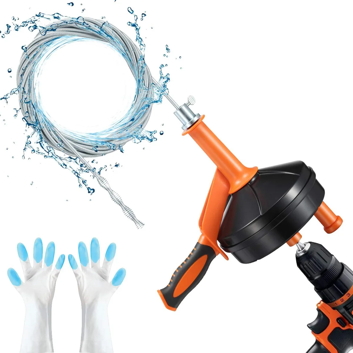Orange plastic drum housing 25 ft steel cable with drill adapter and gloves