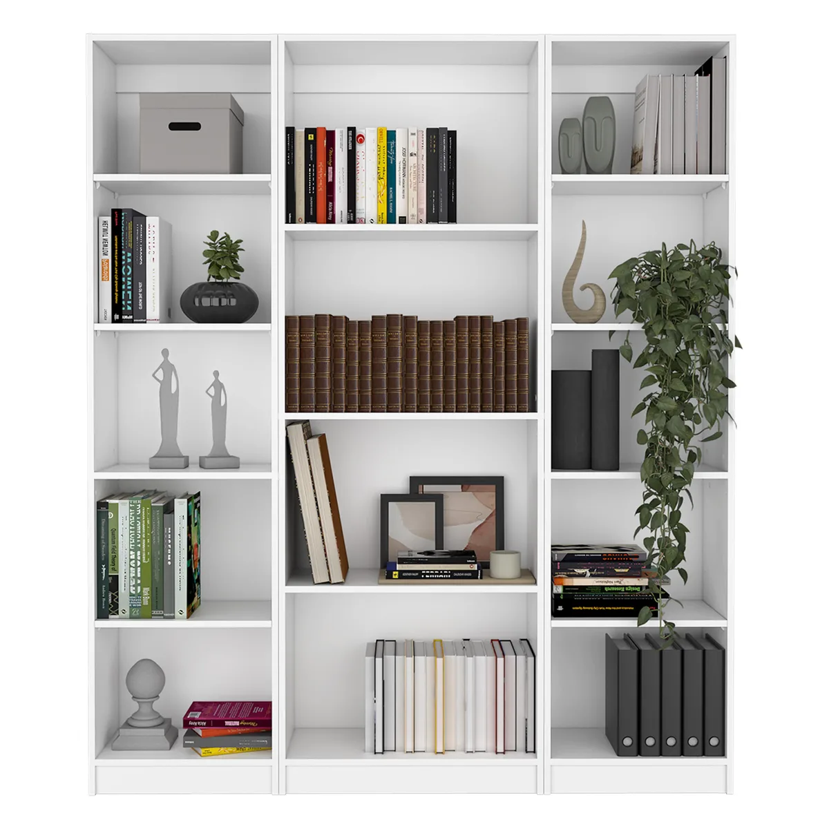 Three-piece white bookcase set, one wide and two narrow units, manufactured wood finish