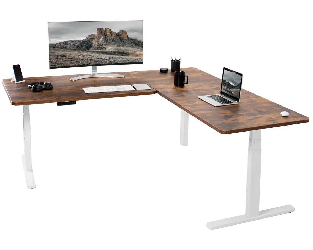 VIVO VIVO Electric 77" x 71" Corner Desk Vintage Brown White Frame office furniture — product photo
