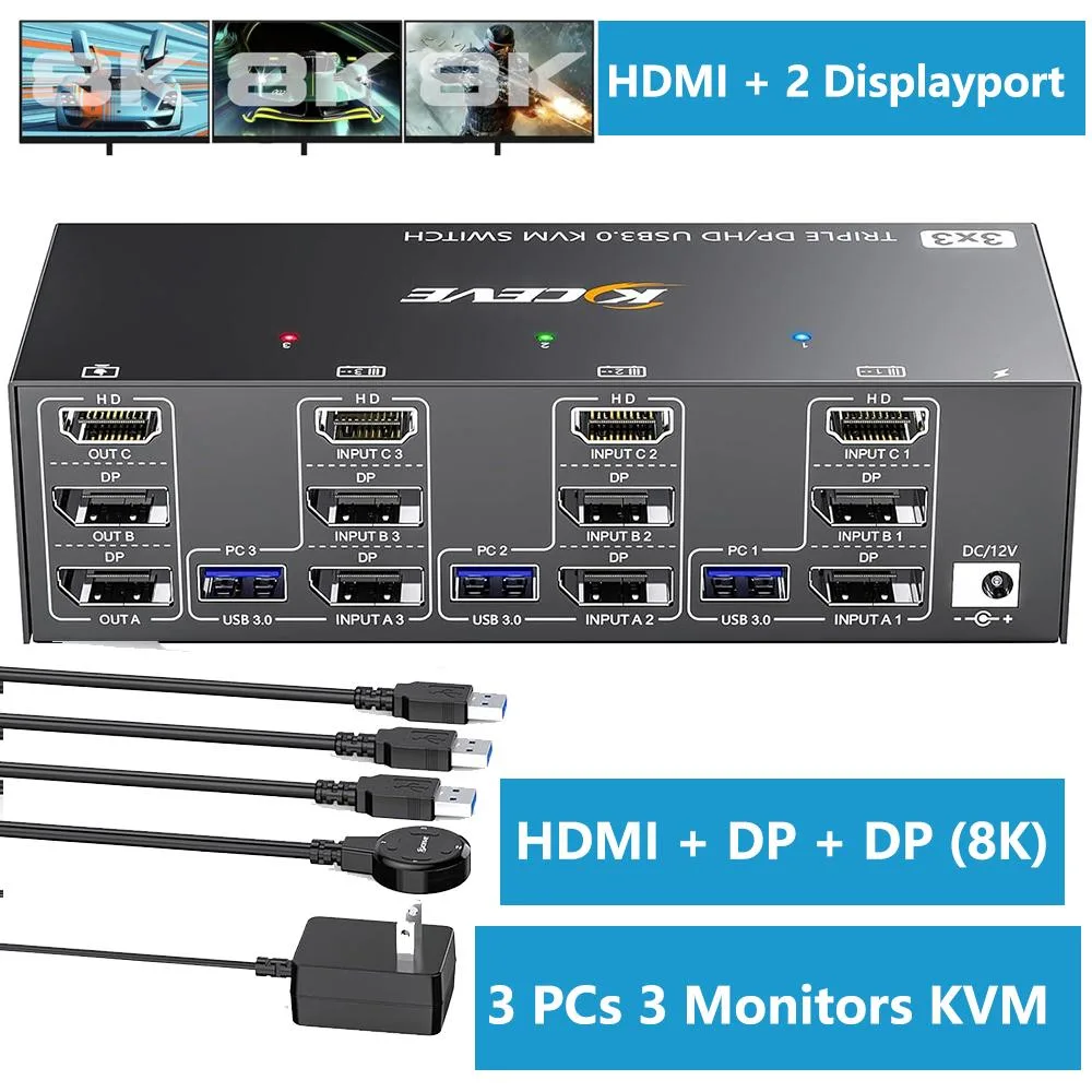 SMA SMA KVM Switch 3 PC 3 Monitor HDMI 2 DP 8K60 4K144 USB 3.0 — product photo