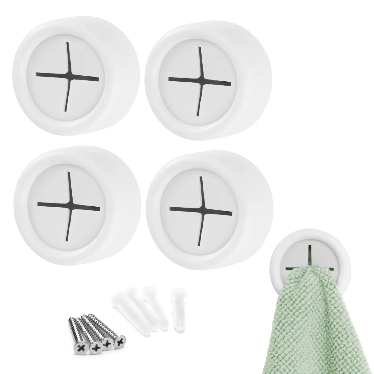 Four matte white round adhesive towel hooks, 1.7 inch diameter