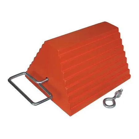 Orange rubber wheel chock with grooved tread, steel grab handle and eye bolt