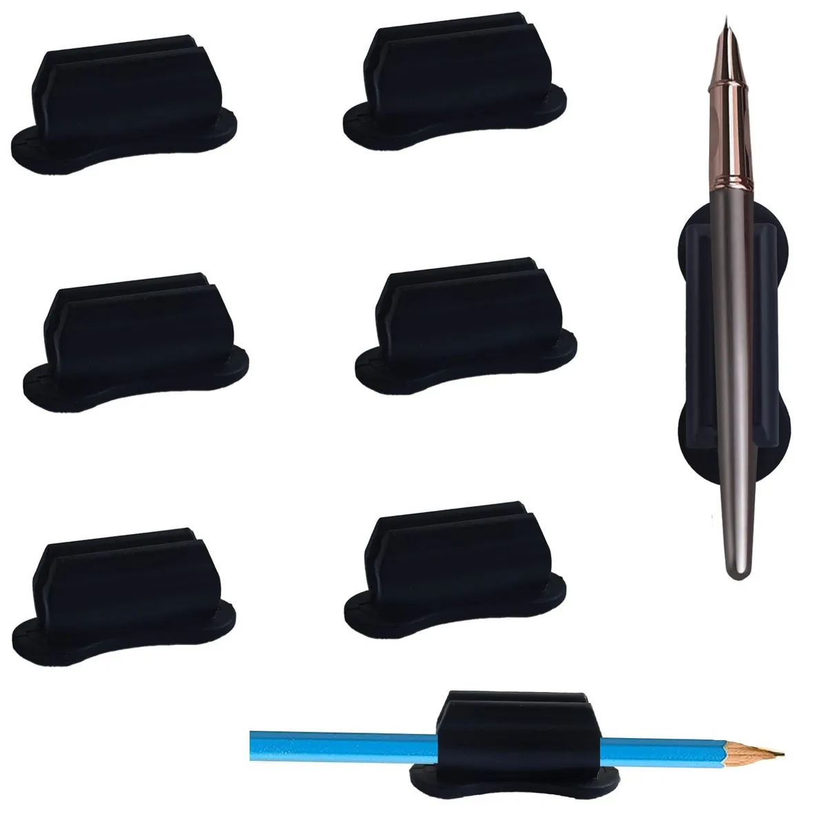Six black silicone pen holders with adhesive backs, dual holes and slip-resistant texture