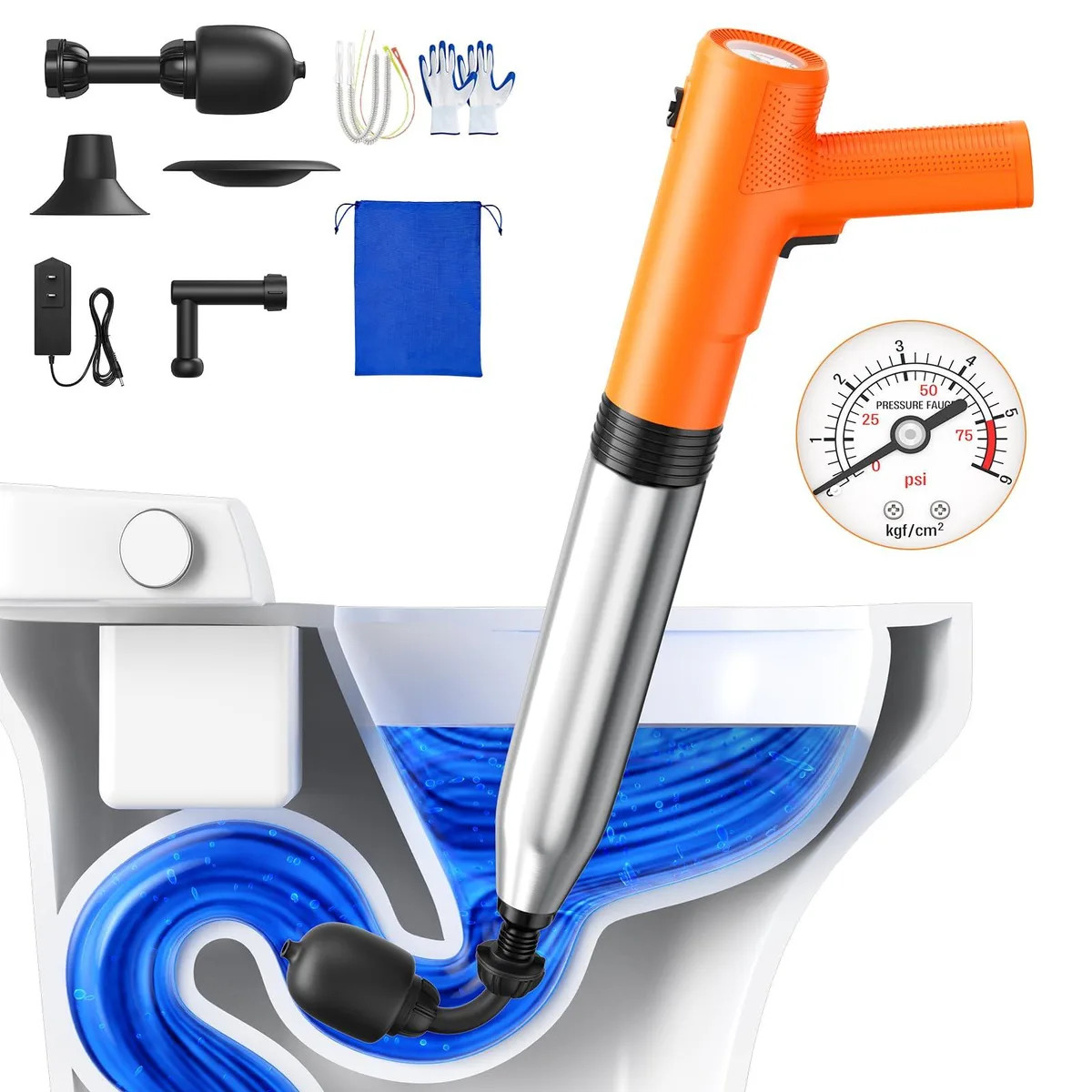  Electric Toilet Plunger HXLD-003 6 bar Auto-Inflation 4-in-1 Kit — product photo