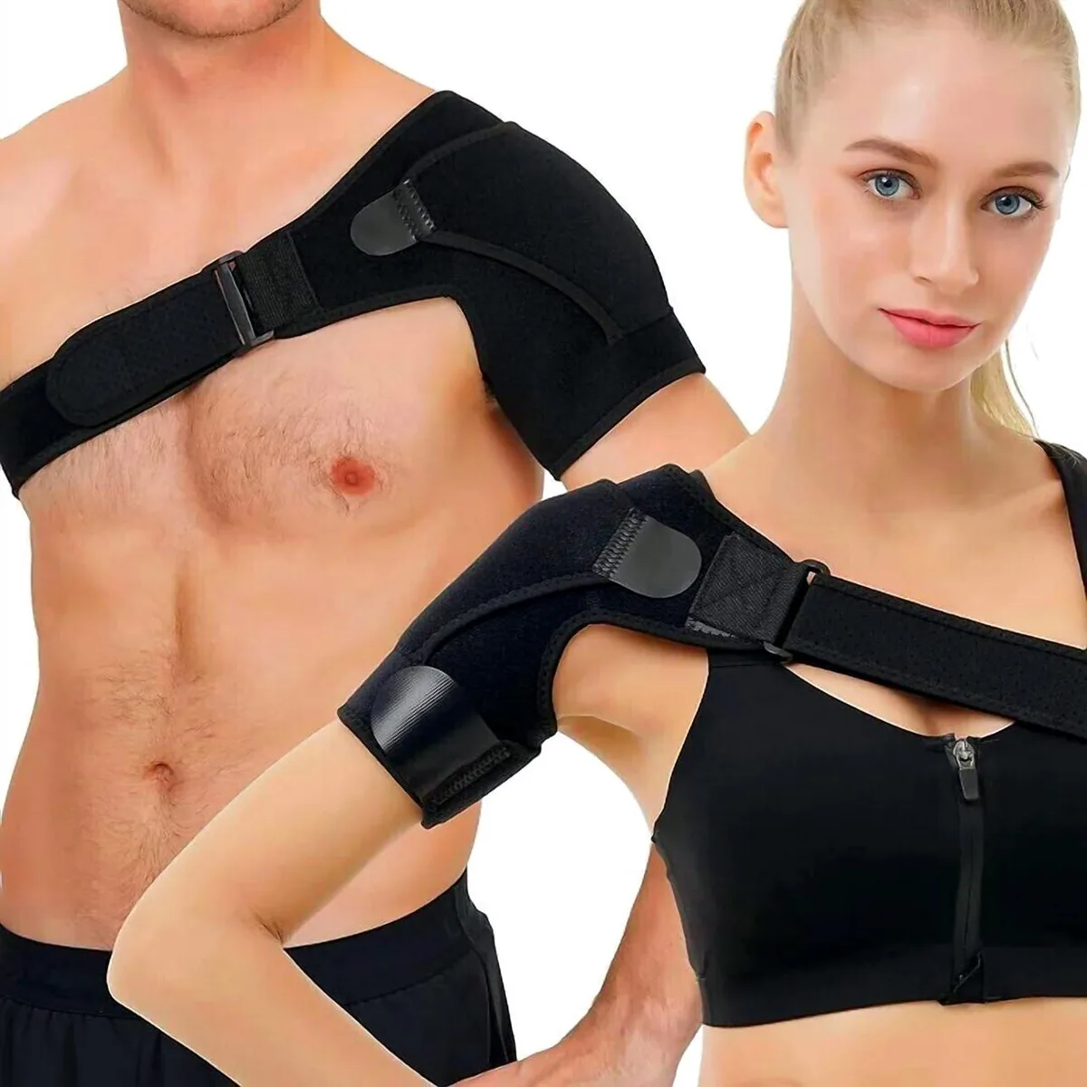 Black neoprene shoulder brace with adjustable hook-and-loop straps, universal fit for left or right shoulder