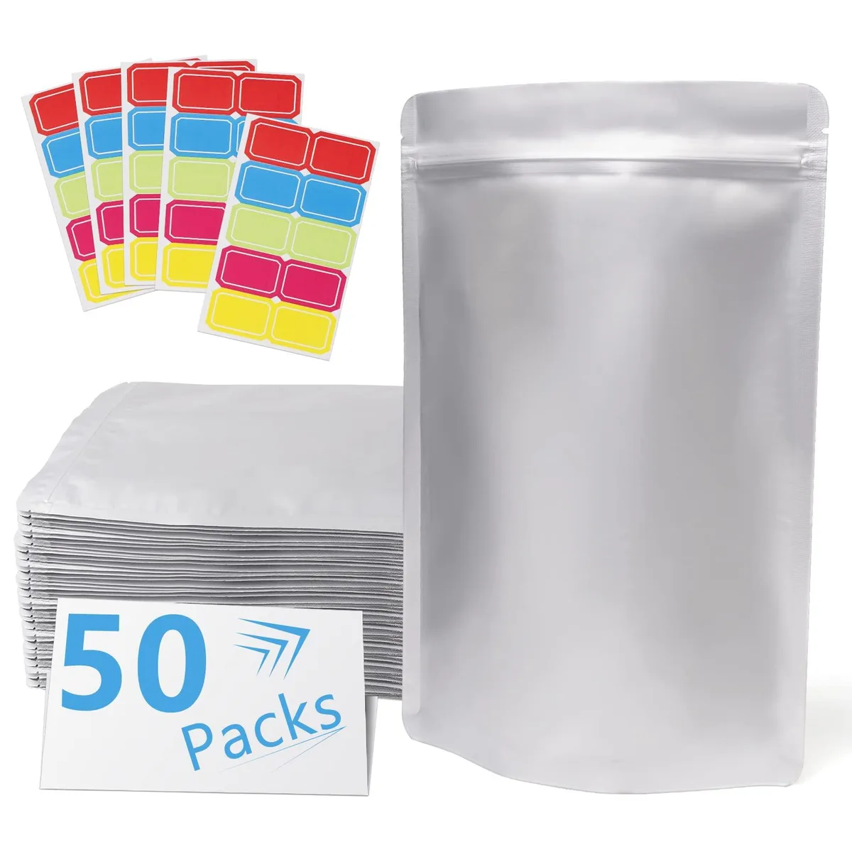 Fifty beige mylar pouches with zipper closures, 7 by 10 inches