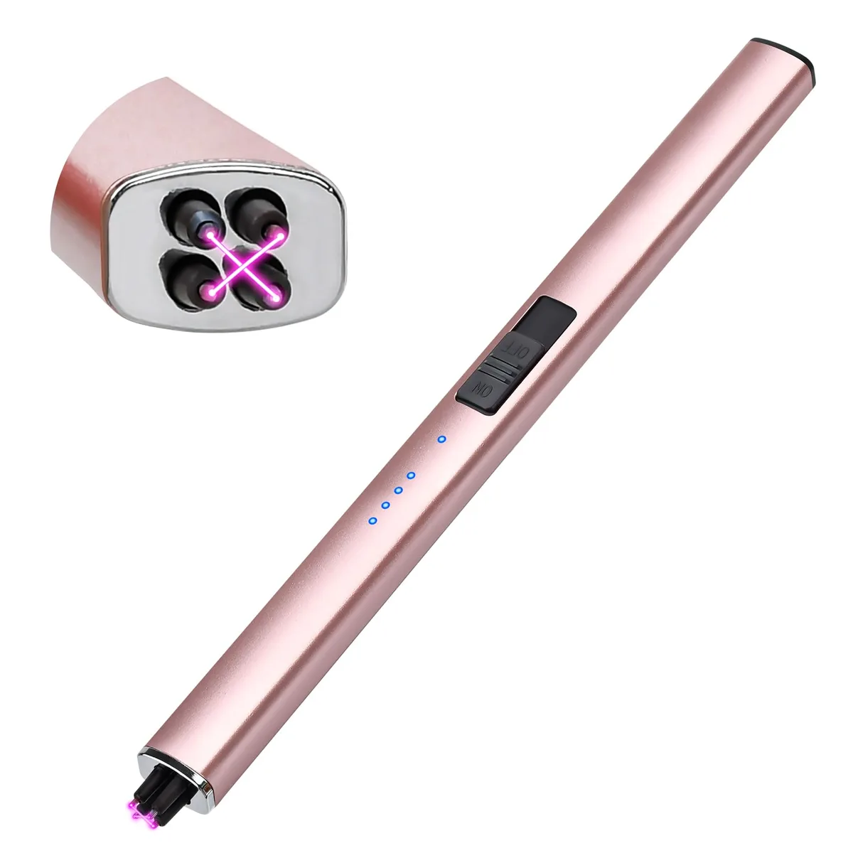 Pink dual-arc electric lighter with metallic finish and safety lock