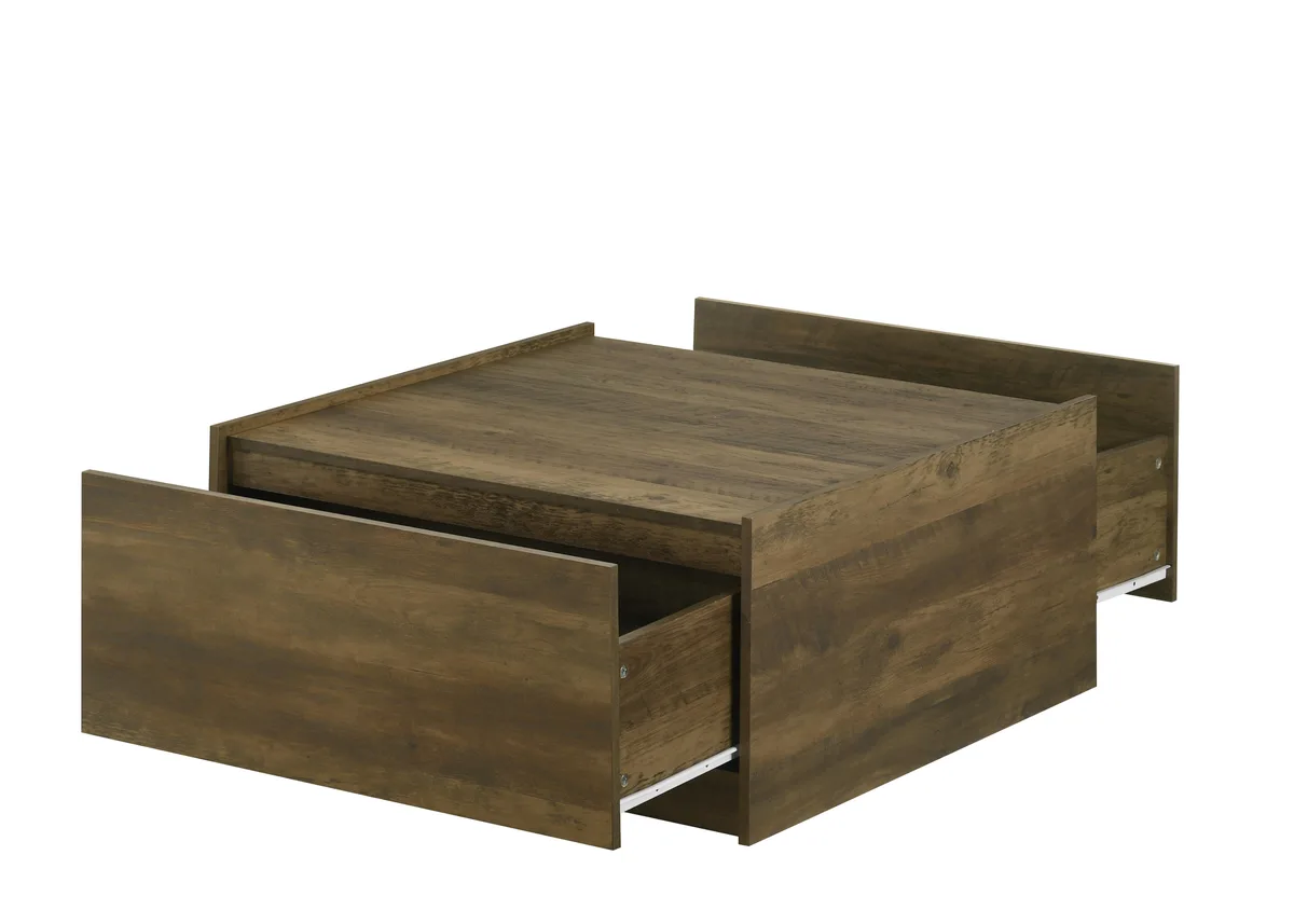 Square oak-finish coffee table with raised lip and two handleless drawers