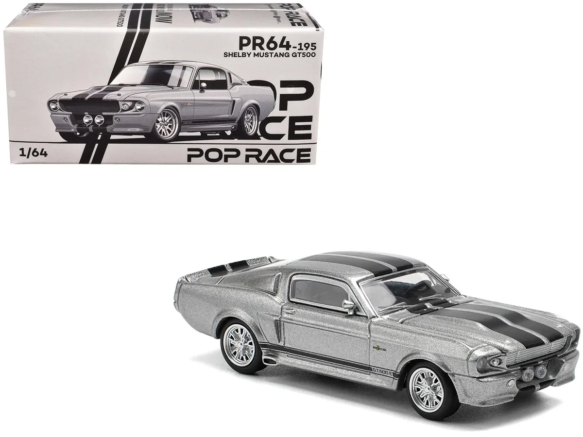Pop Race Pop Race Shelby Mustang GT500 Gray Metallic Black Stripes 1/64 Die Cast Hobby Collectible — product photo
