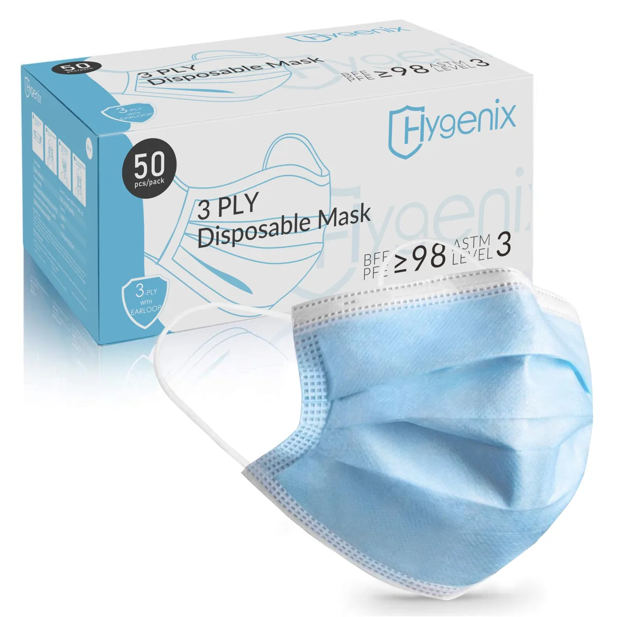 Light blue pleated 3-ply face masks with ear loops in a 50-count pack