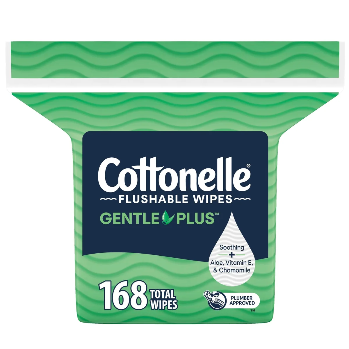 White rectangular refill bag containing 168 flushable wipes