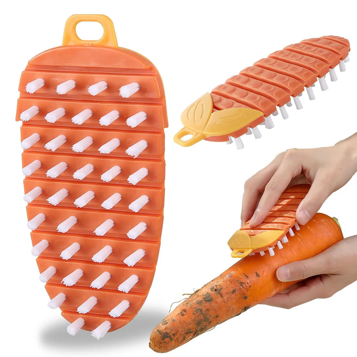 Two orange vegetable brushes with black bristles and hanging holes