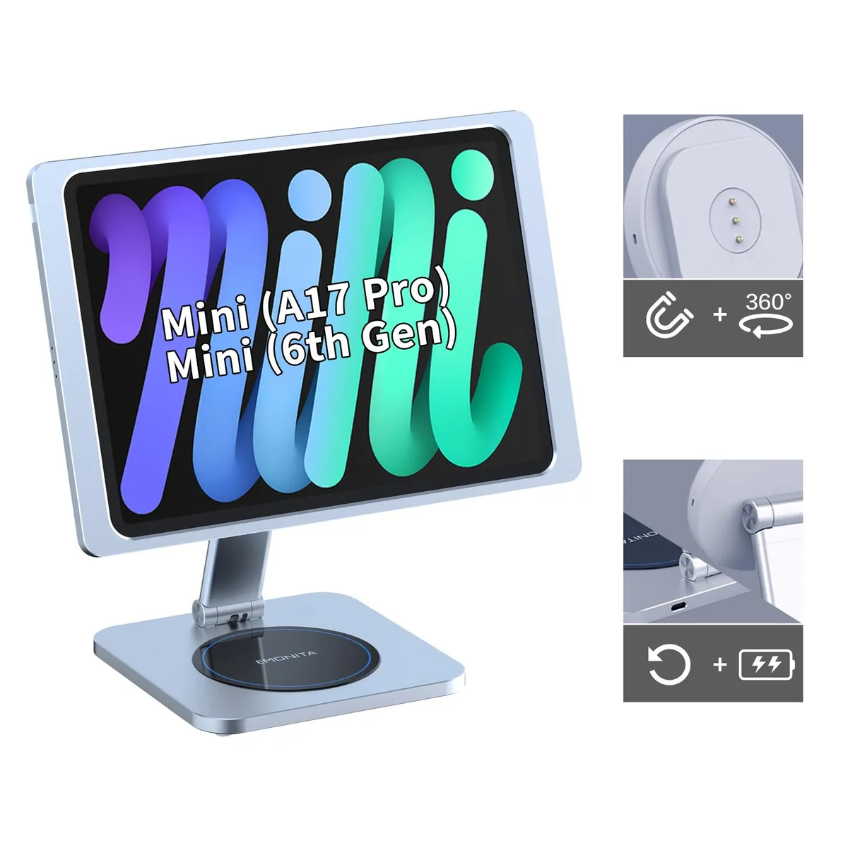 EMONITA EMONITA Foldable Magnetic iPad Stand with Charging Case for iPad Mini 8.3" Silver — product photo