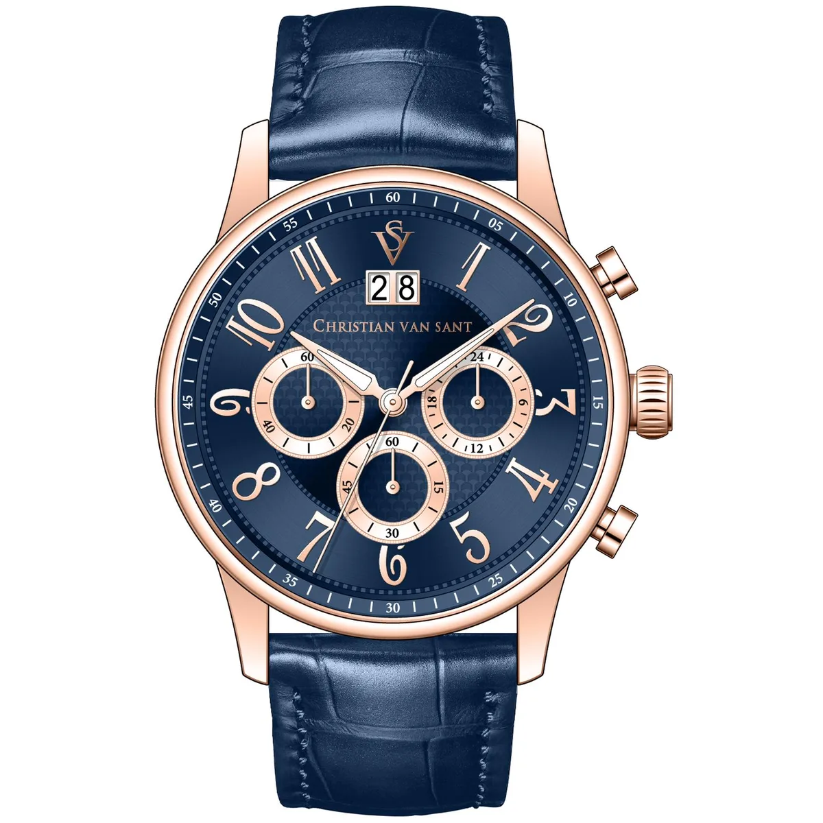 Stainless steel watch with blue dial and leather strap