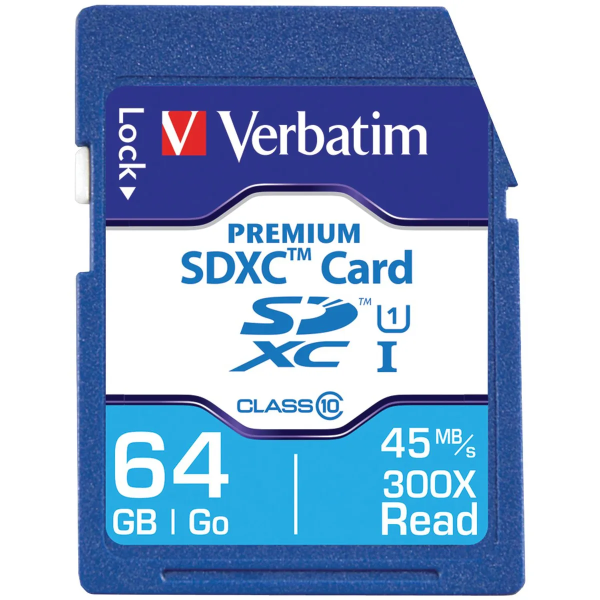 Blue Verbatim SDXC memory card labelled 64GB