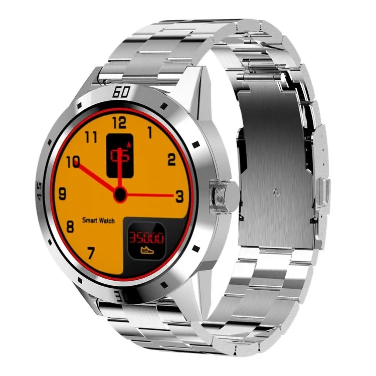 Silver smartwatch with 1.3 inch TFT screen and stainless steel strap
