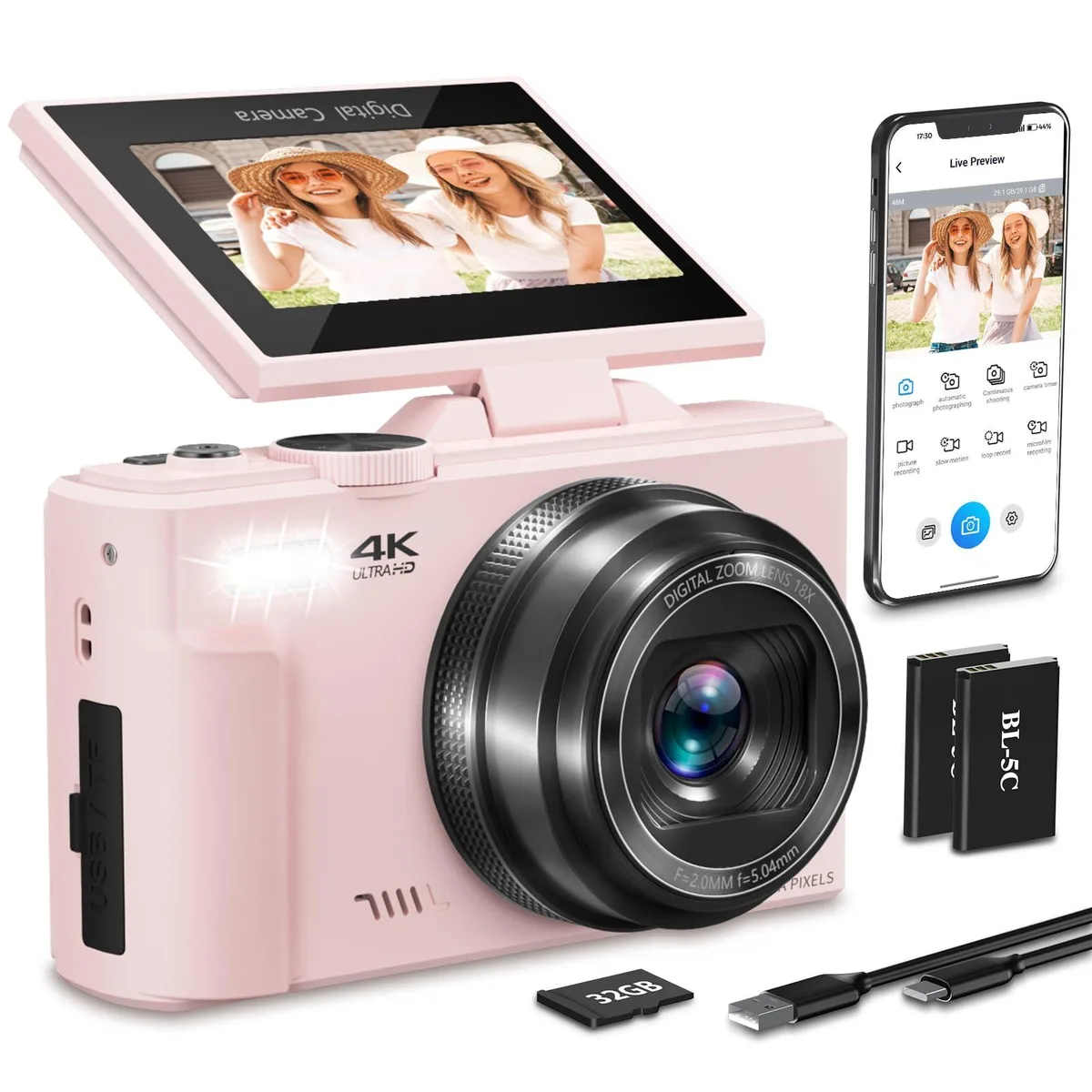  Moppzik WD08 64MP 4K 3.0" 180° flip screen 18x digital zoom pink — product photo