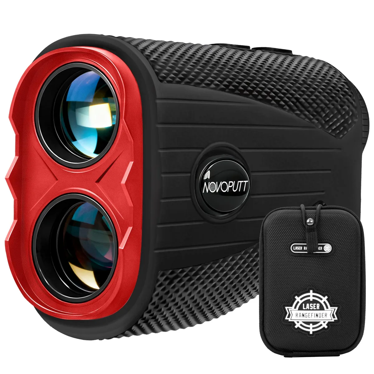 Black compact laser rangefinder with LCD screen, magnet stripe and USB-C port, 2.9 by 1.8 by 4 inches, 180 grams