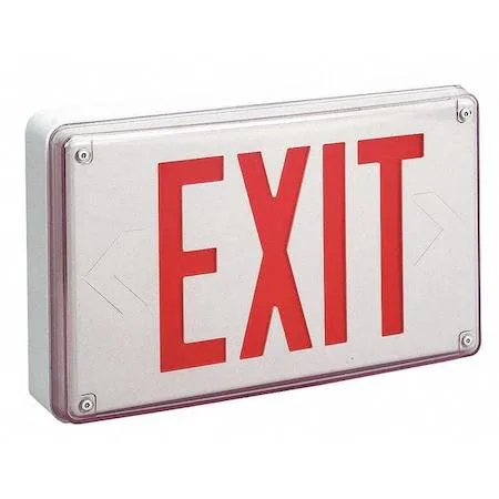 White aluminium exit sign with two red-letter faces and universal chevron indicators