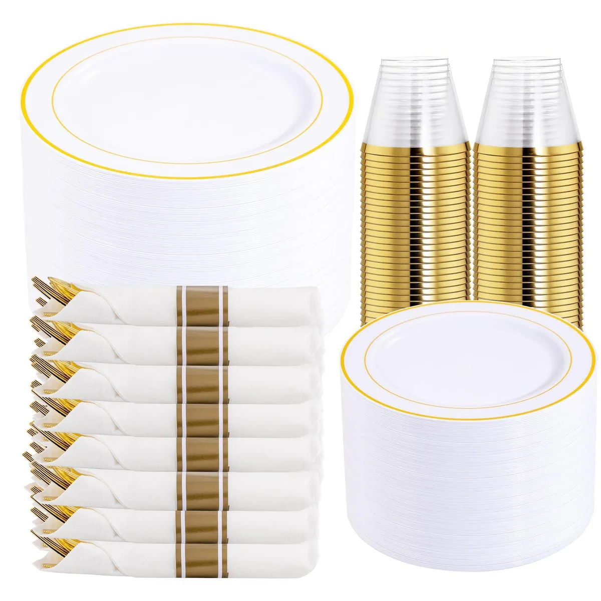 White square dinnerware set for 50 guests with gold-rimmed plates, cups and pre-rolled napkins