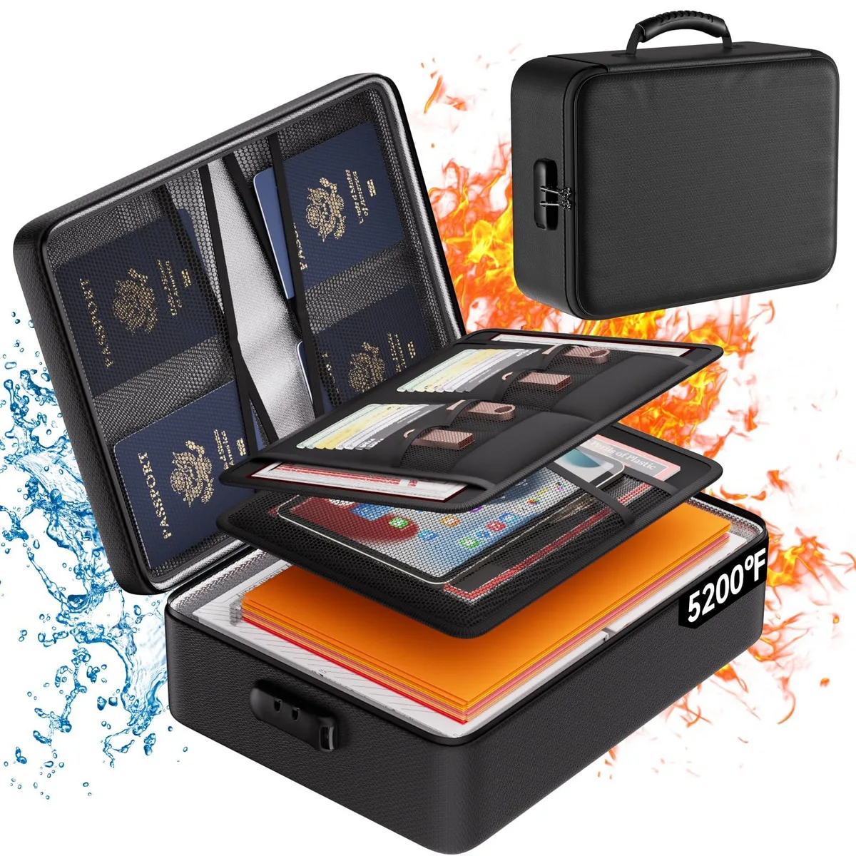 Black soft fireproof document organizer with combination lock and 8 storage layers