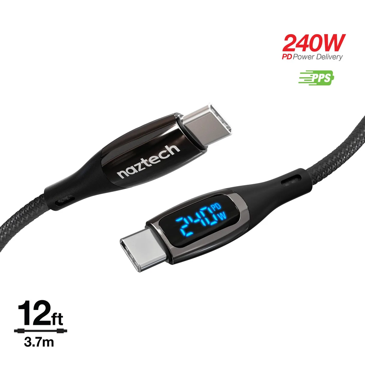 Naztech Naztech DigiWATT USB-C to USB-C LED Cable 12ft 240W — product photo