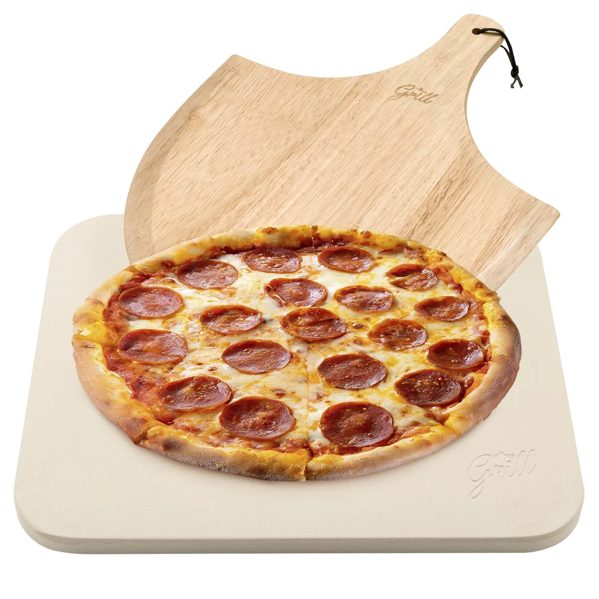 Rectangular cordierite pizza stone with wooden peel