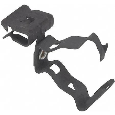 Small zinc-plated steel beam clip with black conduit hanger, hammer-on flange mount
