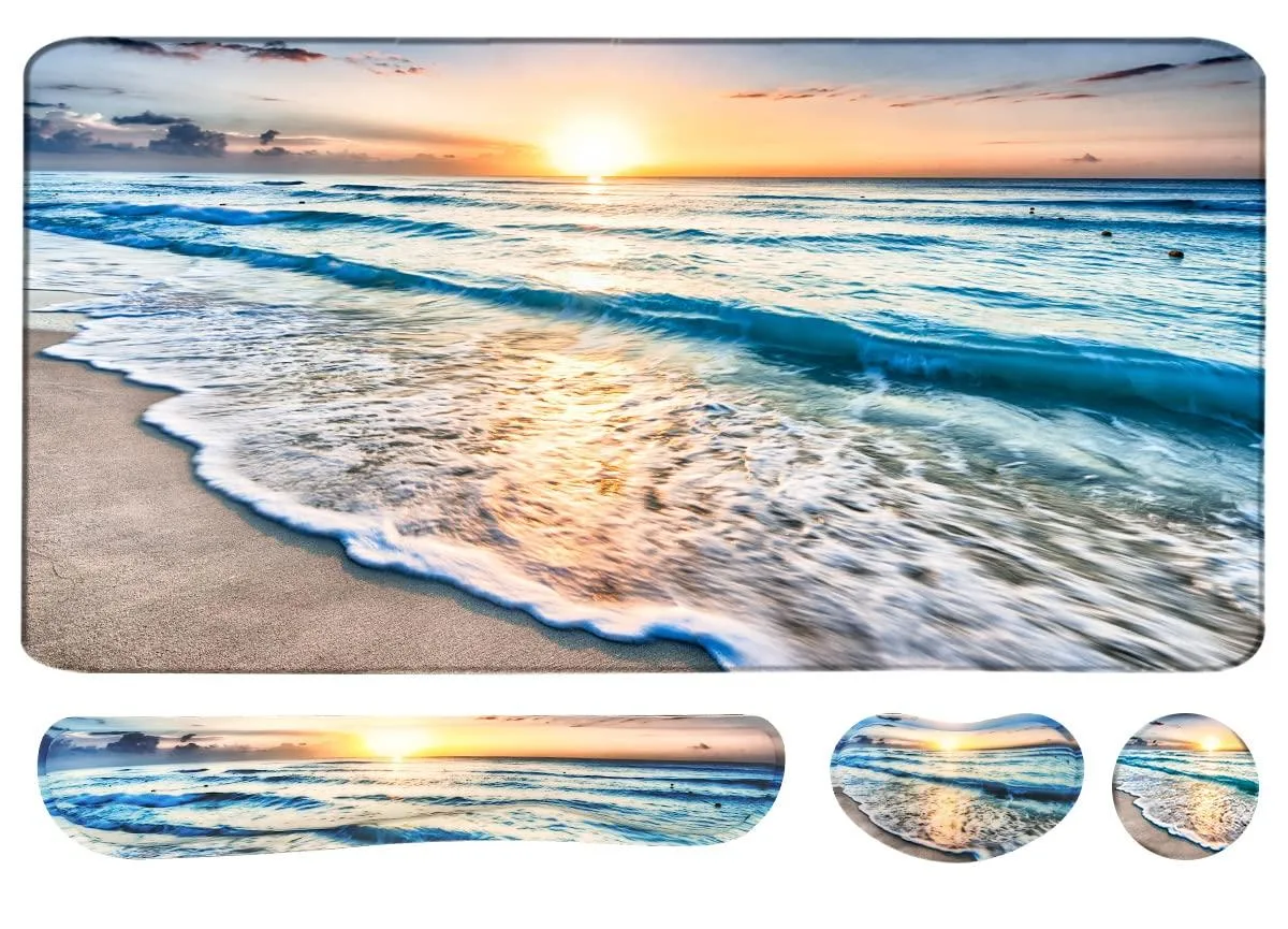 Beach-themed large desk pad with keyboard wrist rest mouse wrist rest and cup coaster