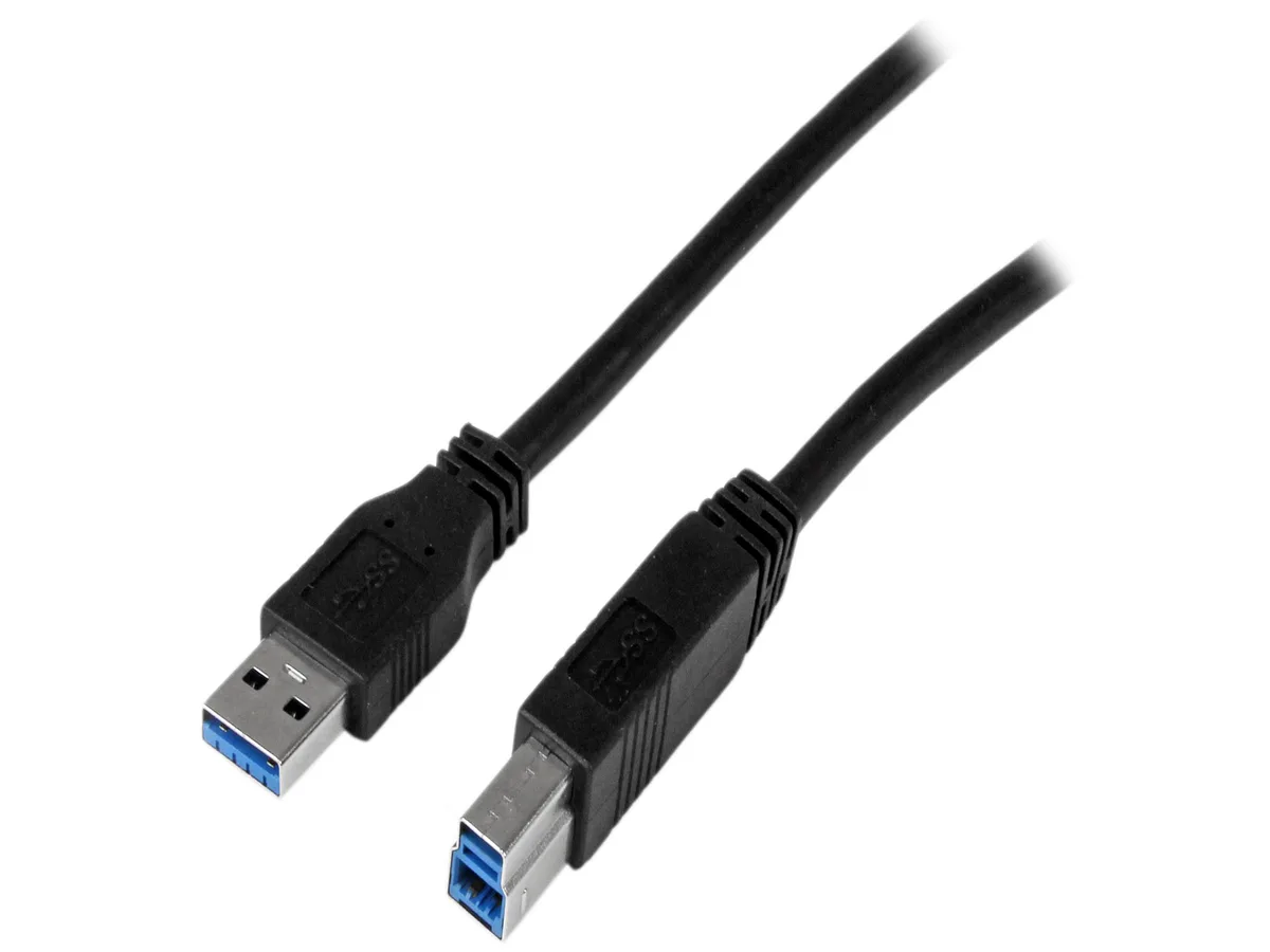 Black USB 3.0 cable with Type A and Type B connectors, 3.28 ft
