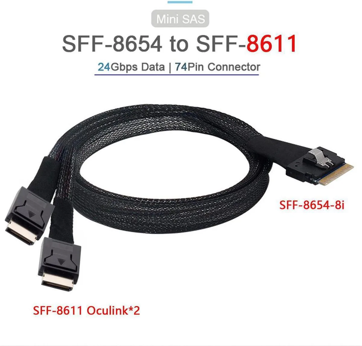 Vszerda Vszerda SFF-8654 8i 74Pin to Dual SFF-8611 Oculink SAS 4.0 Cable 100cm — product photo