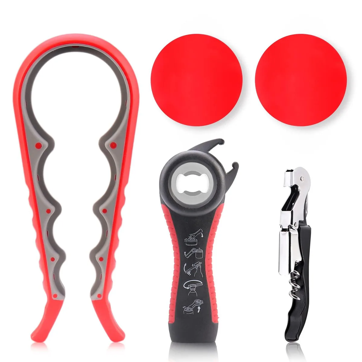 Five stainless steel jar openers and two rubber gripper pads