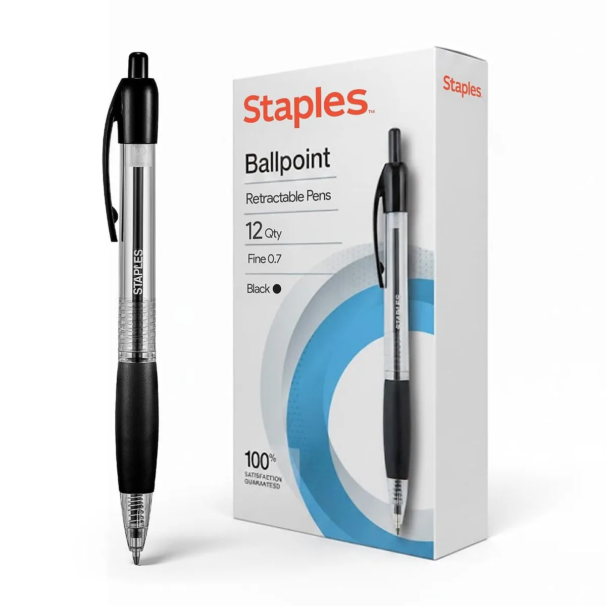 Box of twelve black retractable ballpoint pens with plastic barrels
