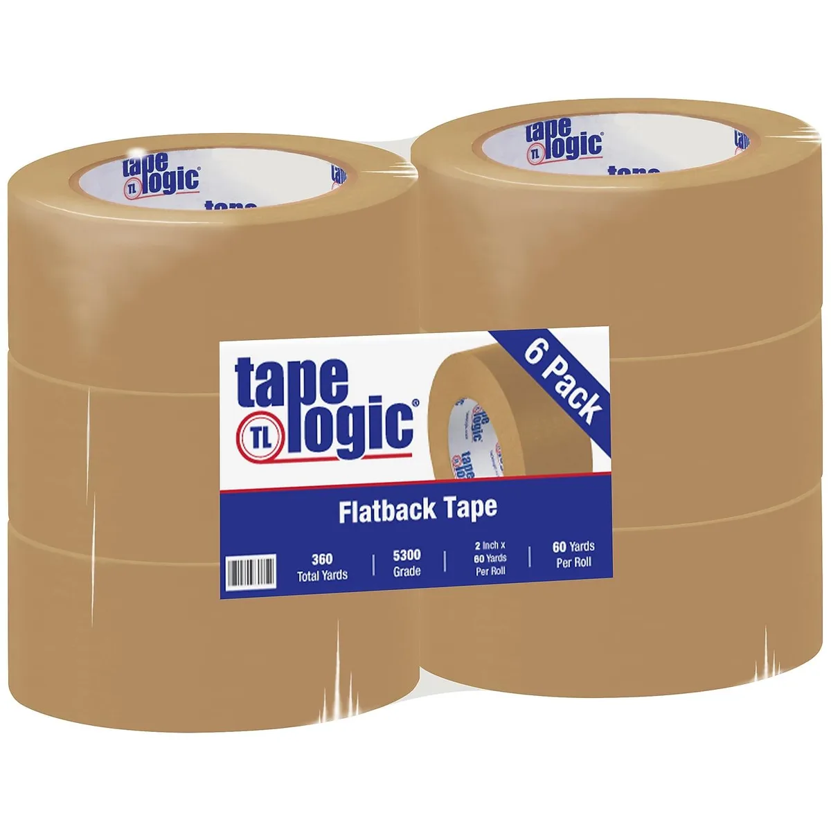 Tape Logic Tape Logic #5300 Flatback Tape 2" x 60 yds Kraft 6 Pack mailing supply — product photo