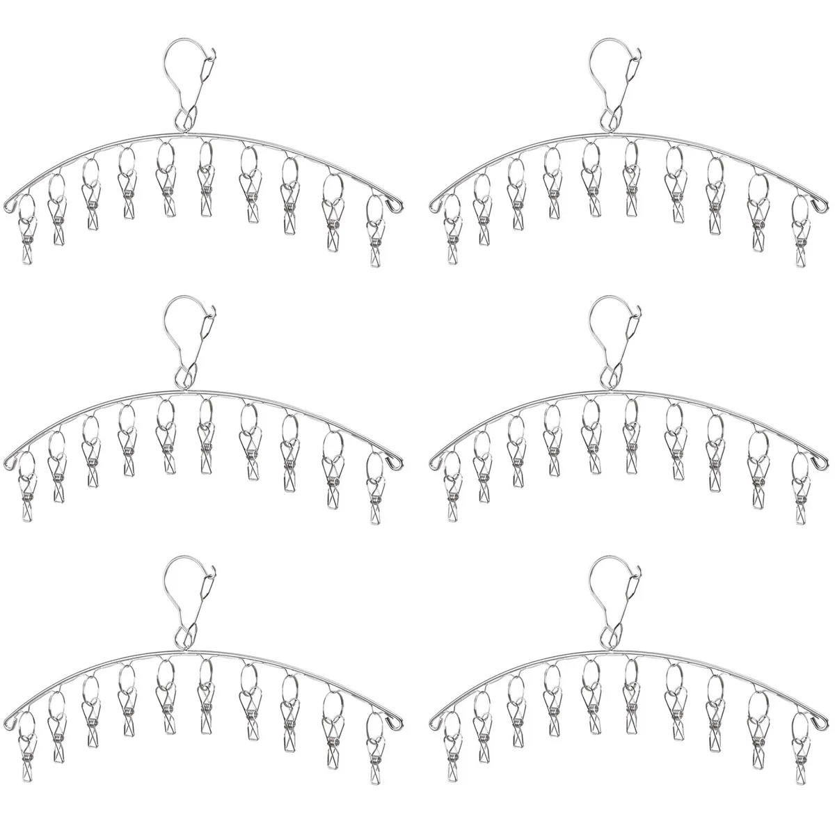 Six stainless steel wire drying racks with ten clips each, silver finish
