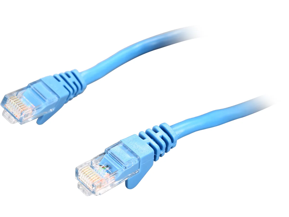 Blue Cat 5e Ethernet patch cable, 5 ft, RJ-45 male connectors on both ends, PVC jacket