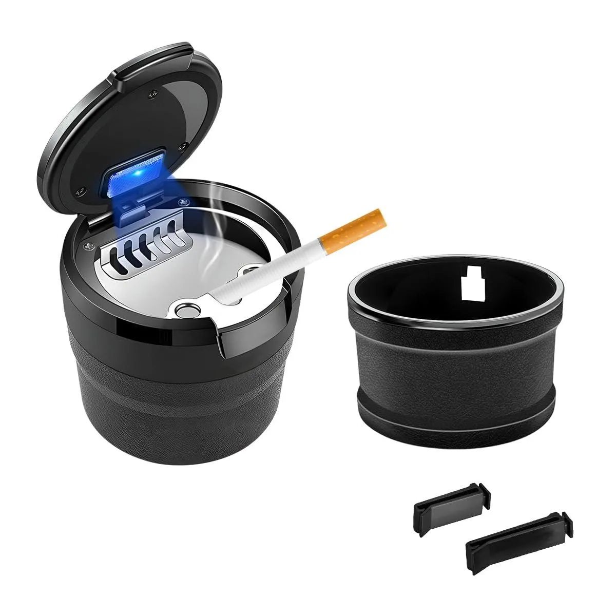 Black cylindrical car ashtray with lid and blue LED light