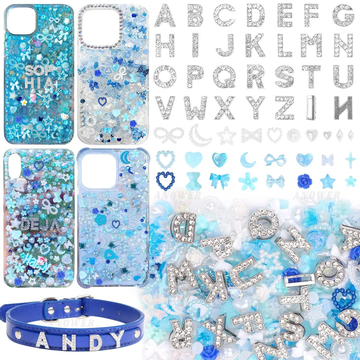 330 Pcs Blue Junk Phone Case Charms Kit 26 A-Z Rhinestone Letter Charms — product photo