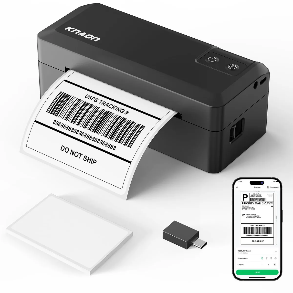 Black rectangular desktop label printer with roll holder and control panel, 14.33in wide