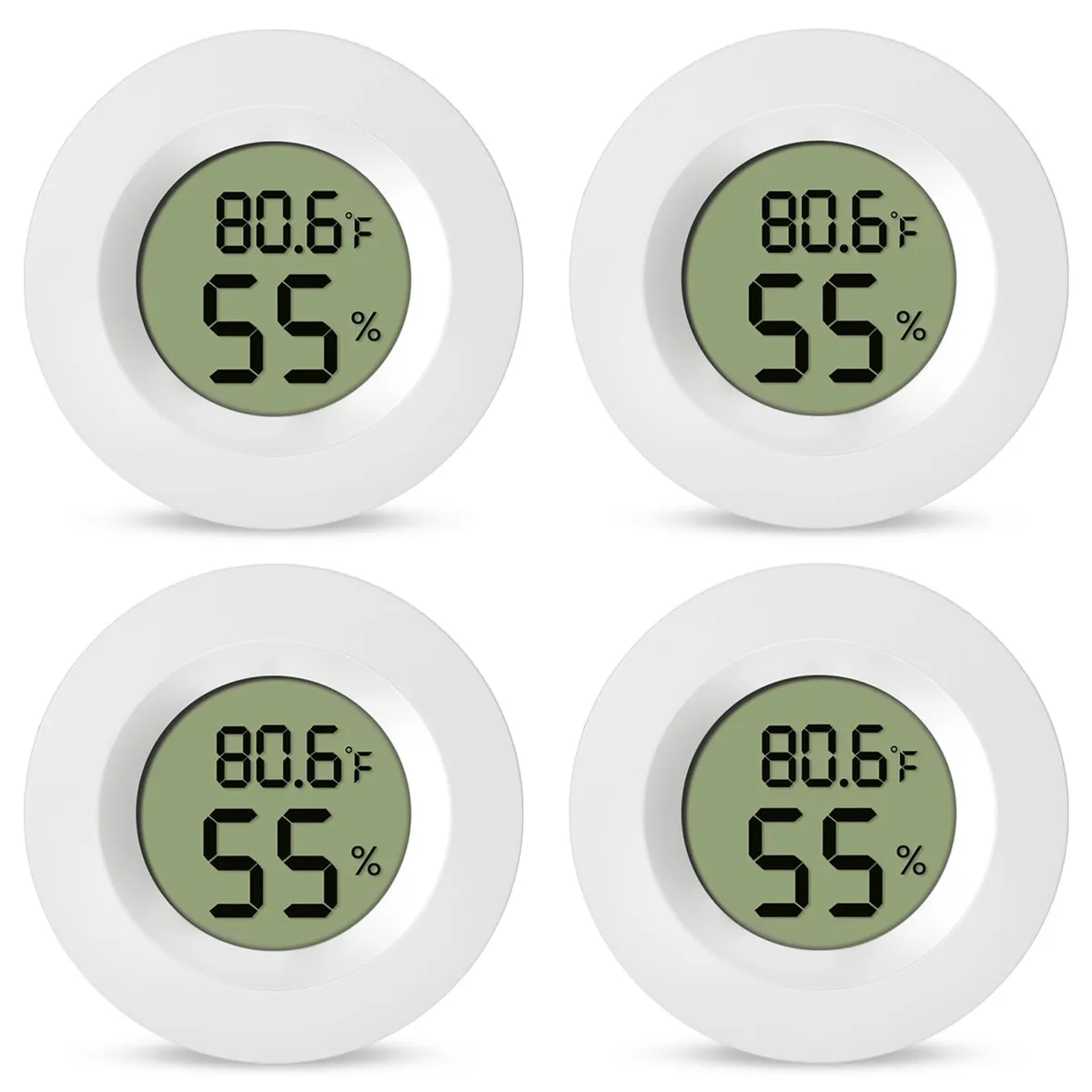 Four white mini digital hygrometer thermometers with LCD displays