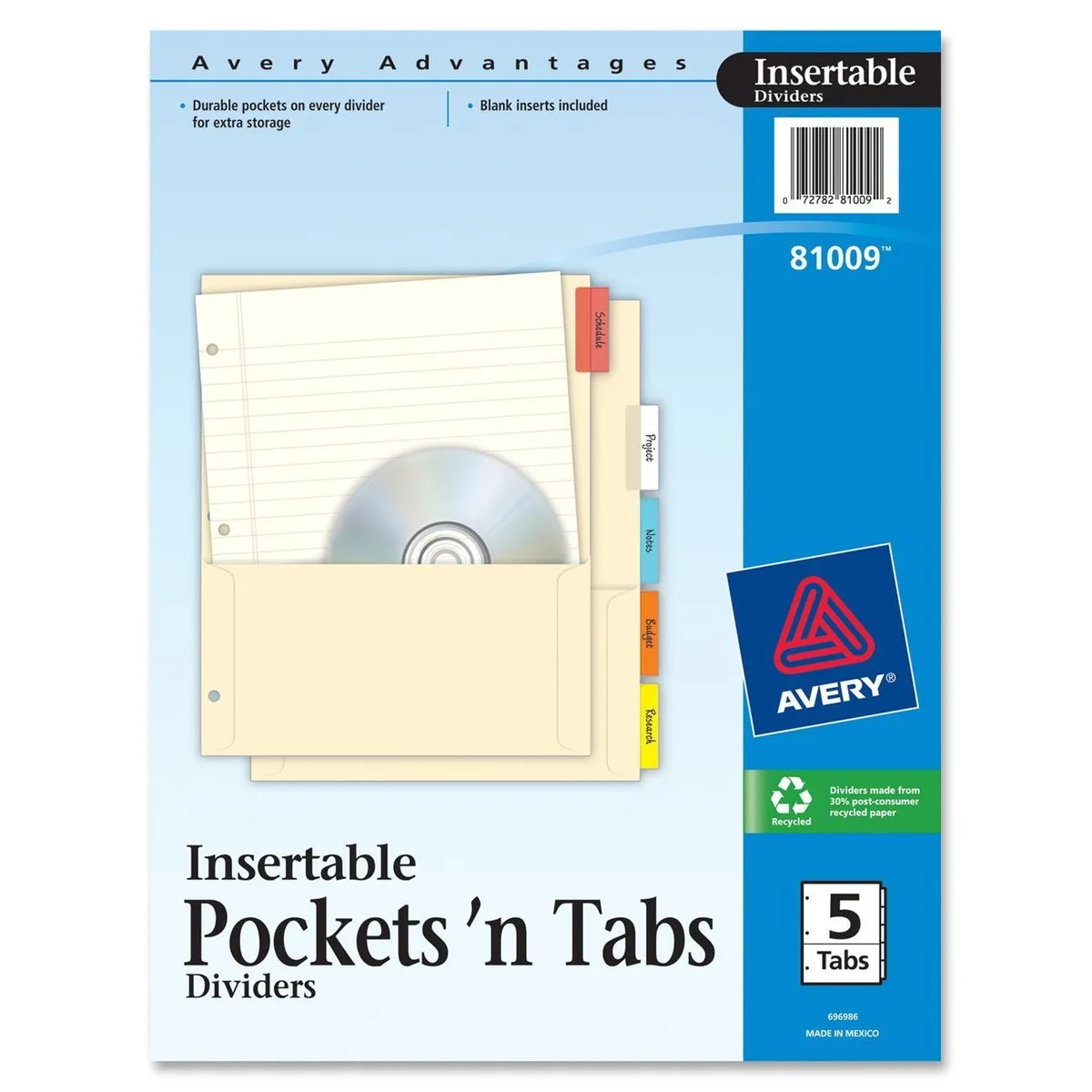 A set of five multicolor insertable tab dividers with half pockets, 8.88 by 11 inches