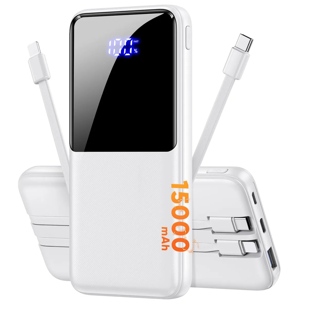 Rectangular white power bank with built-in cables visible on the side