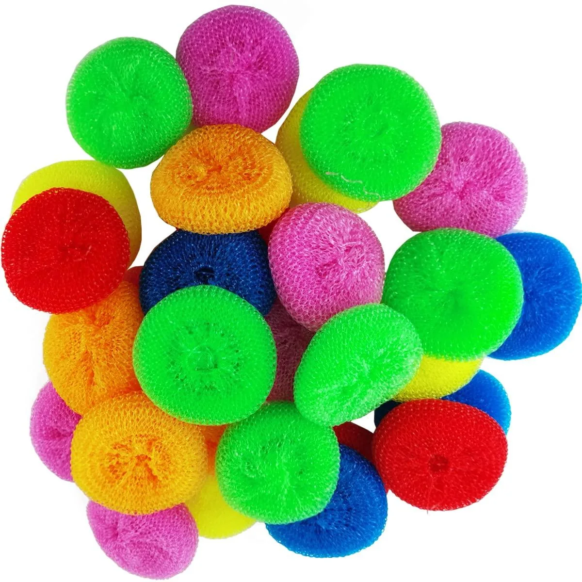 White plastic mesh scrubbers with centre holes, thirty in a rectangular pack