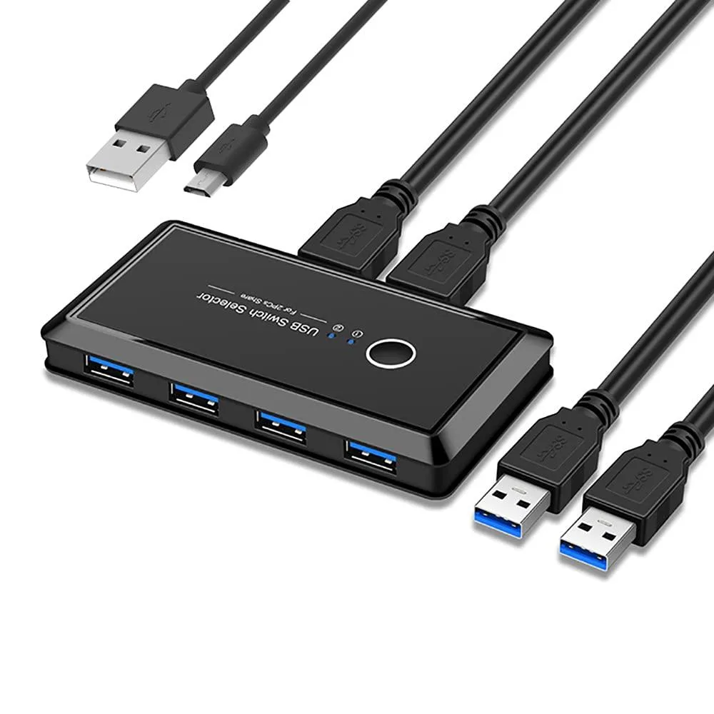 Compact black box with front button, four USB ports, two upstream cables and a micro-USB power lead